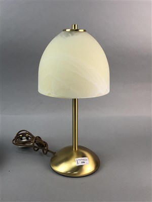 Lot 350 - A MODERN TABLE LAMP WITH SHADE AND A MINIATURE FOOTSTOOL