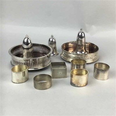 Lot 348 - A COLLECTION OF SILVER PLATED FLATWARE, WINE SLIDES AND NAPKIN RINGS