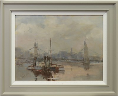Lot 632 - OCTOBER MORNING, HAMMERSMITH PIER, AN OIL BY WILLIAM DAVIES