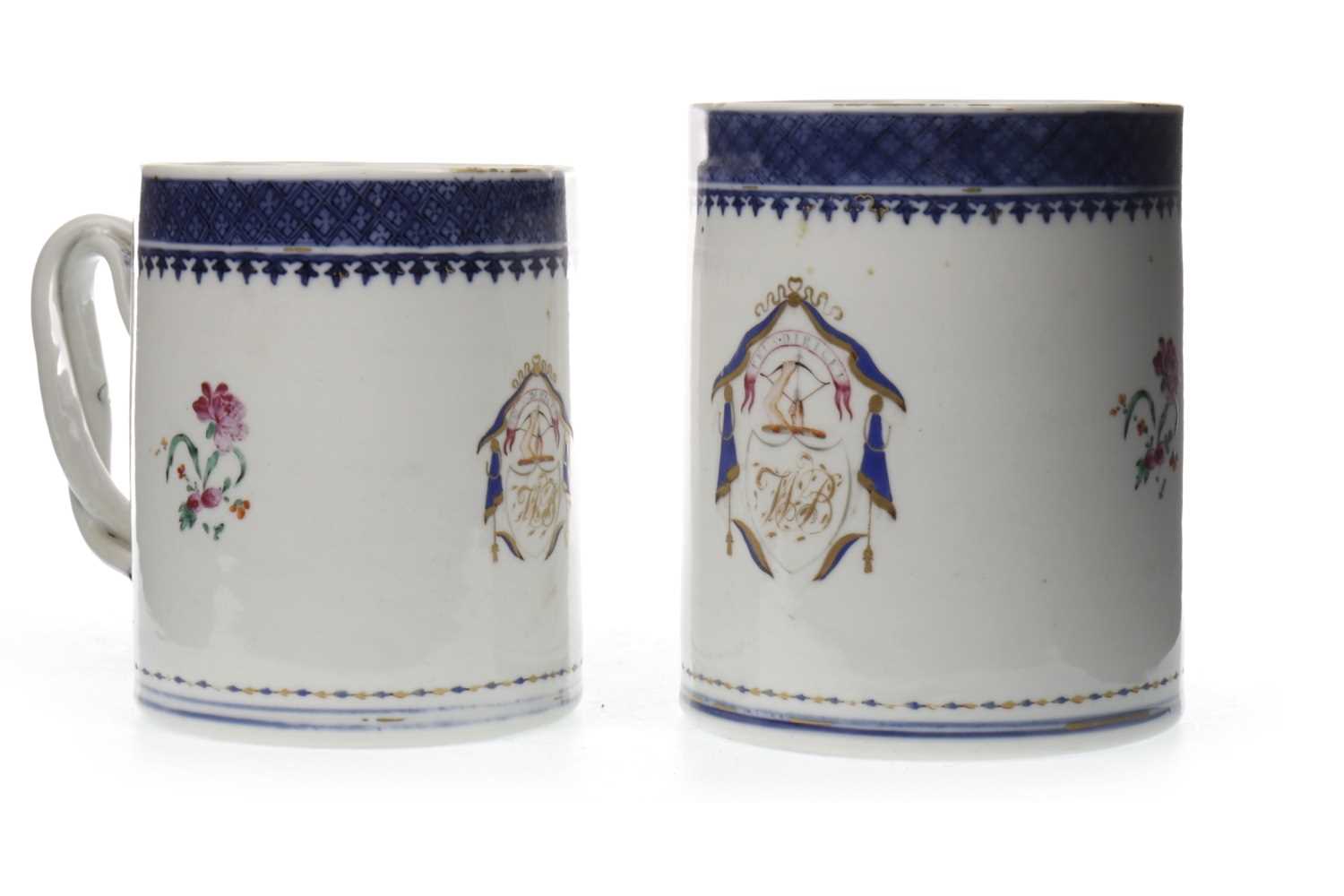 Lot 1129 - A SET OF TWO 20TH CENTURY CHINESE ARMORIAL MUGS