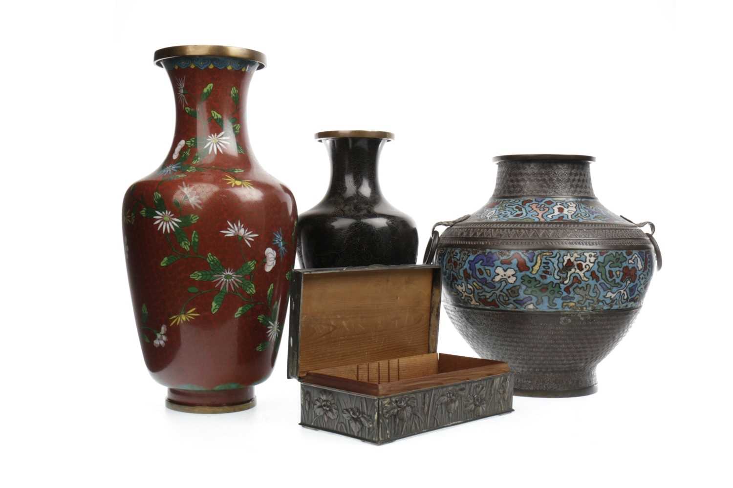 Lot 1144 - A LOT OF THREE CHINESE CLOISONNE VASES AND A CHINESE CASKET