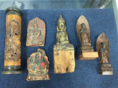 Lot 1149 - A CHINESE CARVED BAMBOO INCENSE BURNER AND OTHER ITEMS