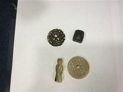 Lot 1150 - A CHINESE JADE BI DISC AND OTHER ITEMS