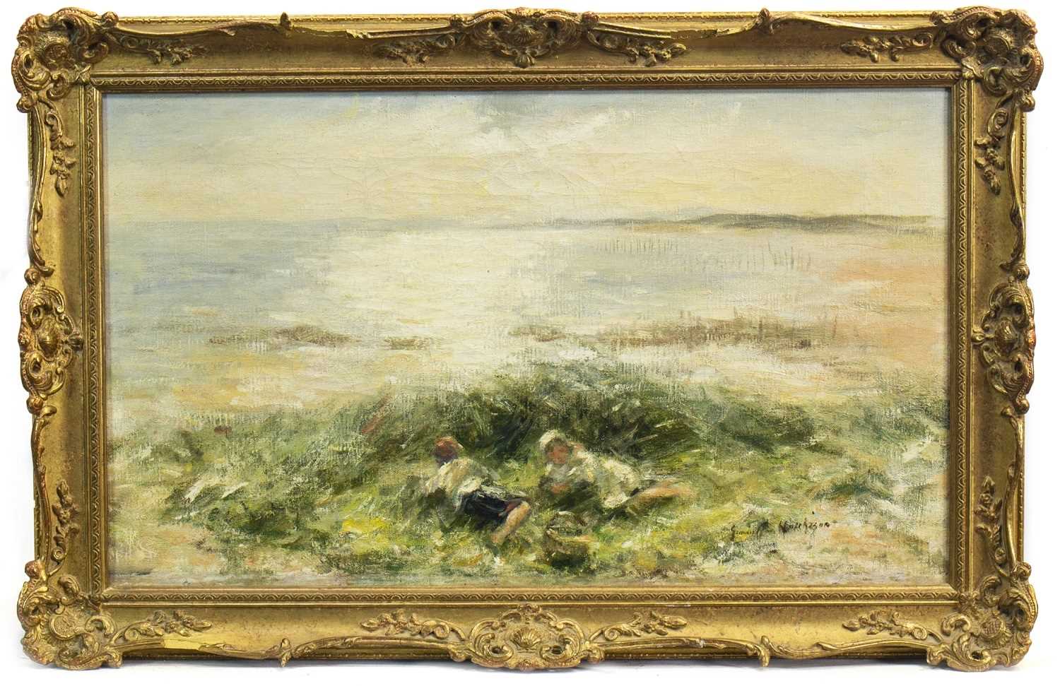 Lot 423 - ON THE BENTS CARNOUSTIE, AN OIL BY ROBERT GEMMELL HUTCHISON