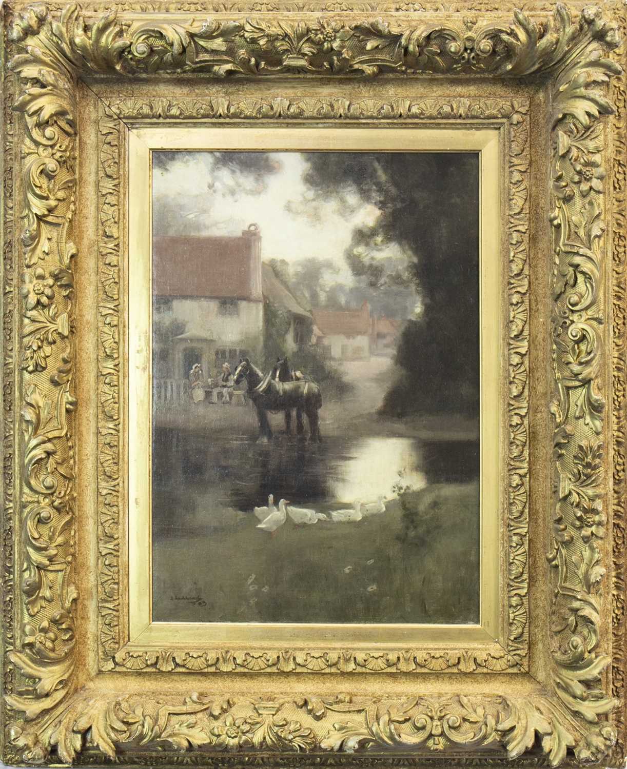 Lot 425 - RURAL SCENE WITH HORSE AND DUCKS, AN OIL BY JOHN LOCHHEAD