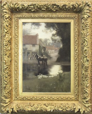Lot 425 - RURAL SCENE WITH HORSE AND DUCKS, AN OIL BY JOHN LOCHHEAD