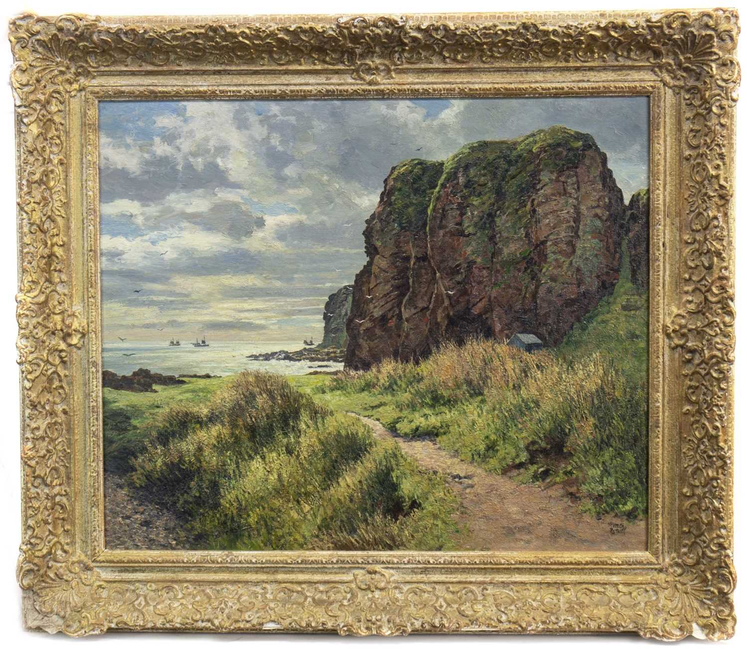 Lot 426 - THE PATH TO THE HARBOUR, AUCHMITHIE, AN OIL BY JAMES MCINTOSH PATRICK