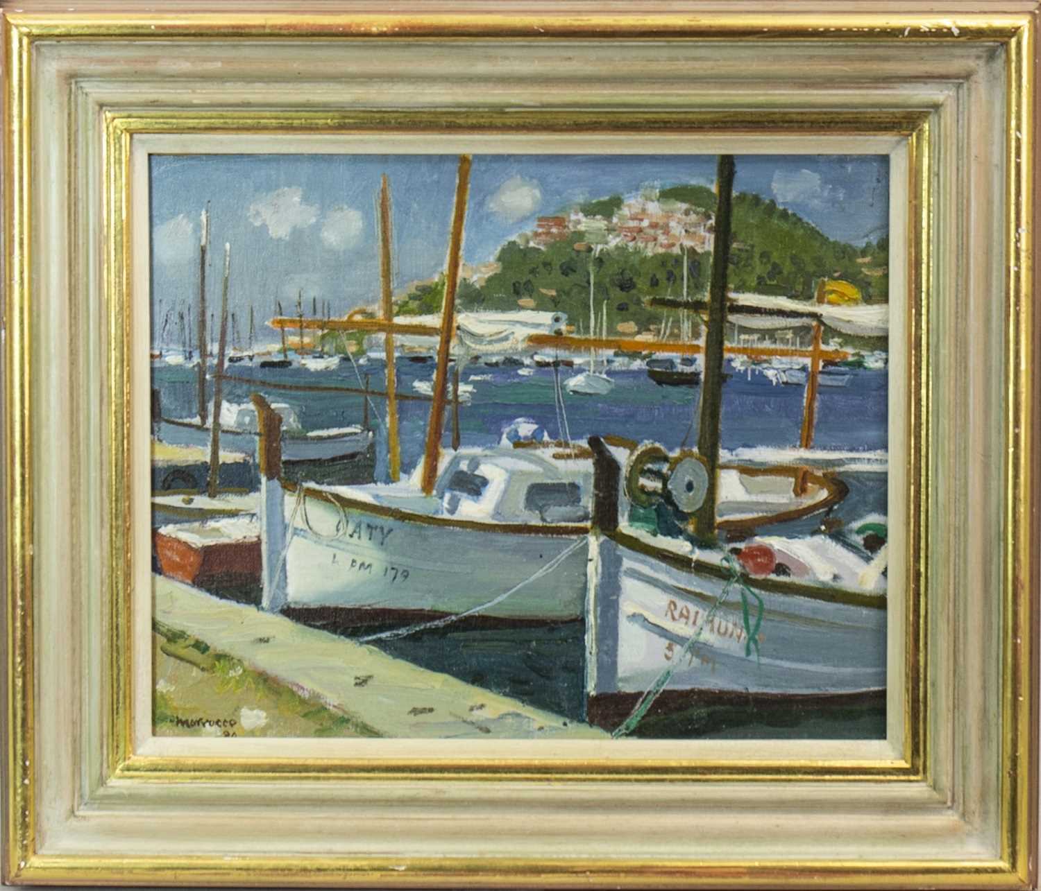Lot 516 - HARBOUR AT PORT D'ANDRATX, MAJORCA, AN OIL BY ALBERTO MORROCCO