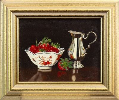 Lot 517 - SILVER AND STRAWBERRIES, AN OIL BY HILARY GAUCI