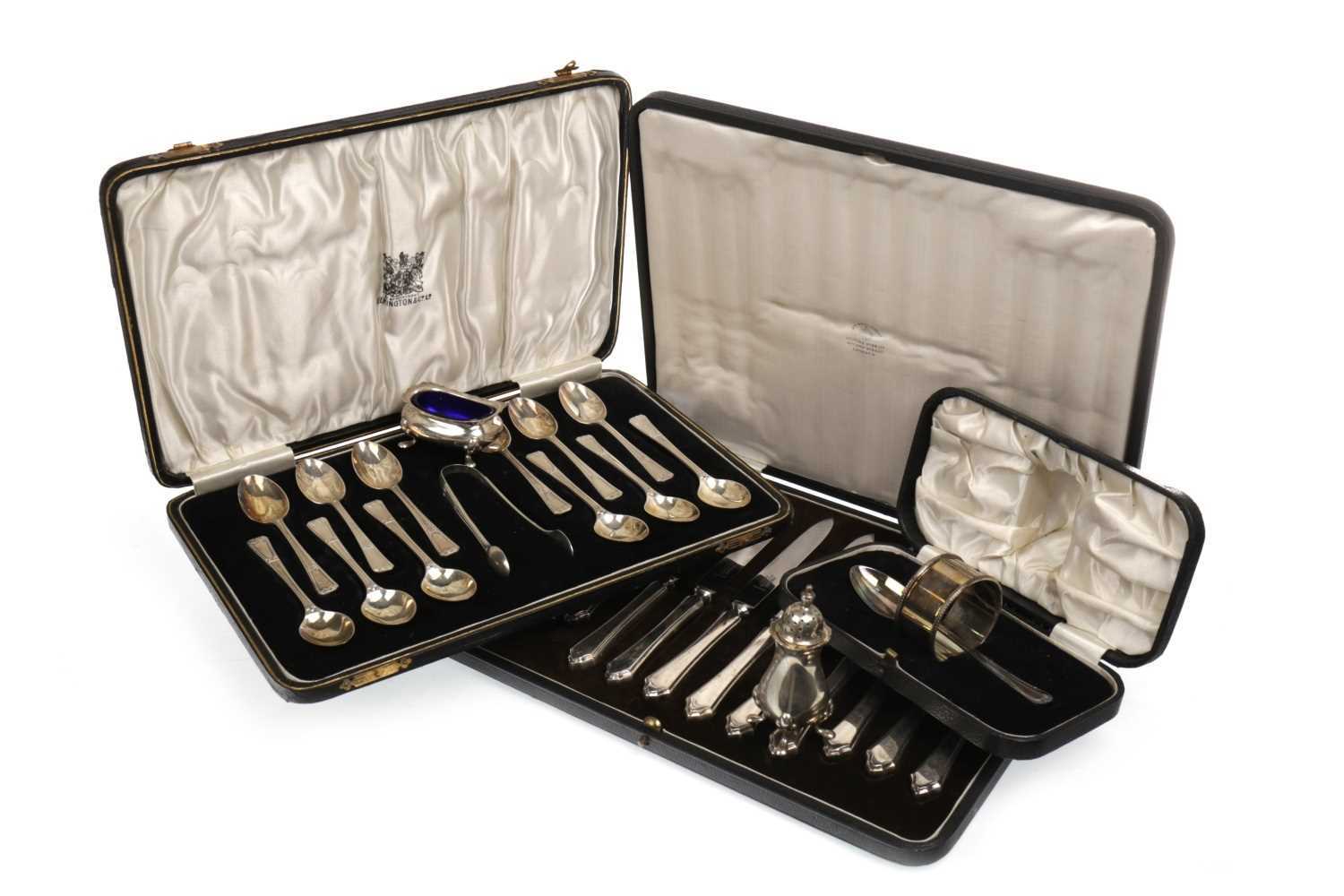 Lot 911 - A CASED SET OF SILVER TEASPOONS AND TONGS ALONG WITH OTHER SILVER FLATWARE