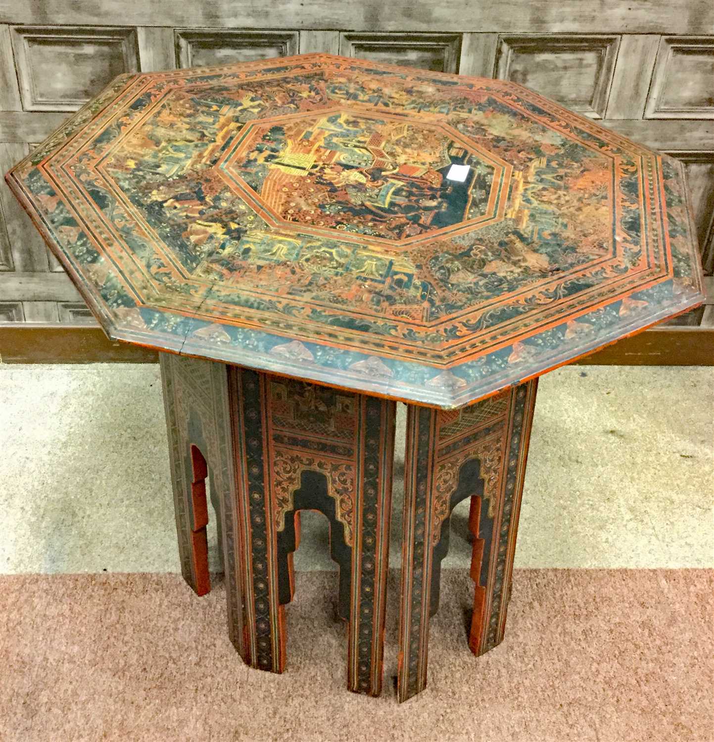 Lot 1063 - A BURMESE PAINTED LACQUERED OCTAGONAL TABLE