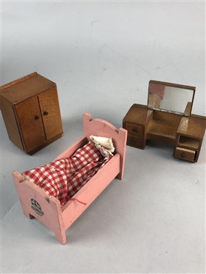 Lot 312 - A LOT OF TWO MID 20TH CENTURY DOLLS, DOLL'S HOUSE FURNITURE AND A DOLL'S TEA SERVICE