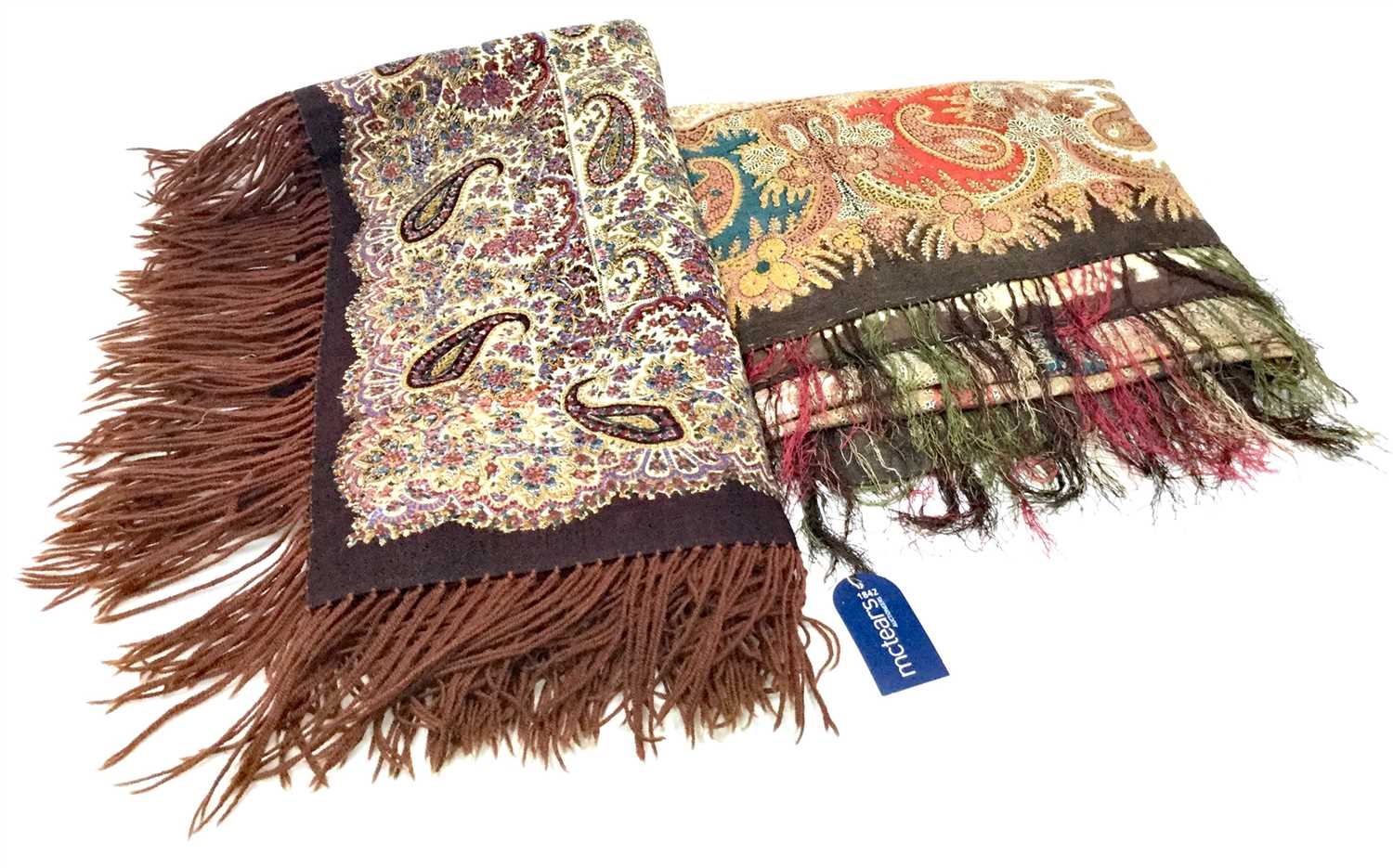 Lot 1677 - A LOT OF TWO EARLY 20TH CENTURY 'PAISLEY' PATTERN SHAWLS