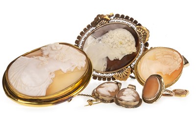 Lot 76 - THREE CAMEOS BROOCHES, A PAIR OF CAMEO EARRINGS AND A RING
