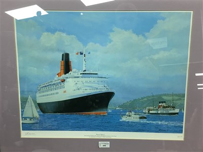 Lot 450 - HOME WATERS, A PRINT OF THE QE2 AFTER E. BAUWENS