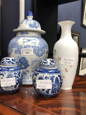 Lot 494 - A CHINESE BLUE AND WHITE GINGER JAR AND COVER