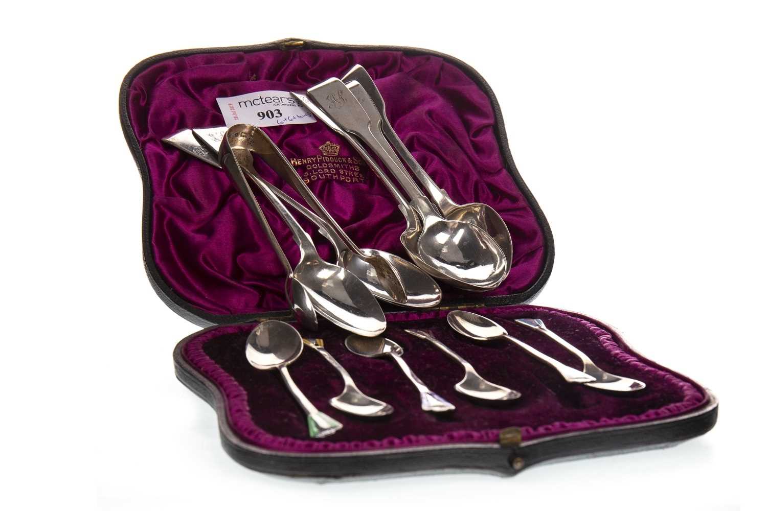 Lot 903 - A SET OF SILVER SPOONS ALONG WITH TEASPOONS AND TONGS