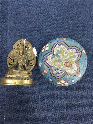 Lot 1187 - A CHINESE CLOISONNE ON CERAMIC LIDDED DISH AND A BRONZE BUDDHA