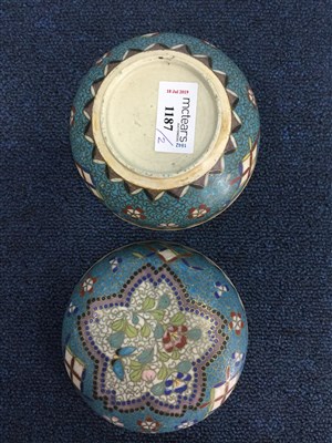 Lot 1187 - A CHINESE CLOISONNE ON CERAMIC LIDDED DISH AND A BRONZE BUDDHA