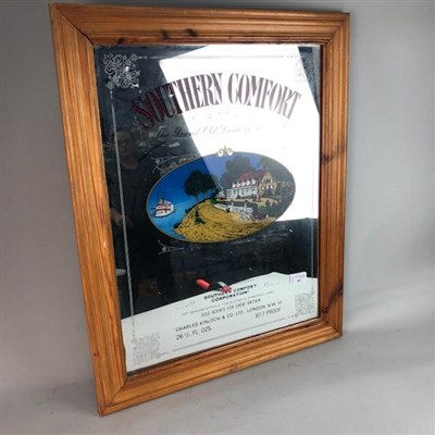 Lot 64 - A SOUTHERN COMFORT PUB ADVERTISING MIRROR, A CHALK BOARD AND A PRINT