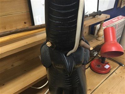 Lot 141 - A CARVED WOODEN ELEPHANT TABLE LAMP AND TWO OTHER LAMPS