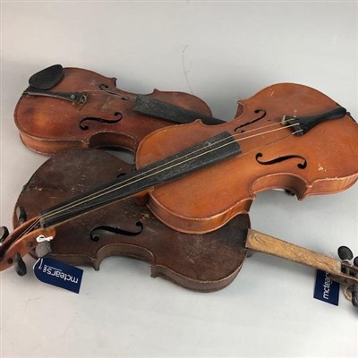 Lot 143 - THREE VINTAGE VIOLINS AND TWO BOWS