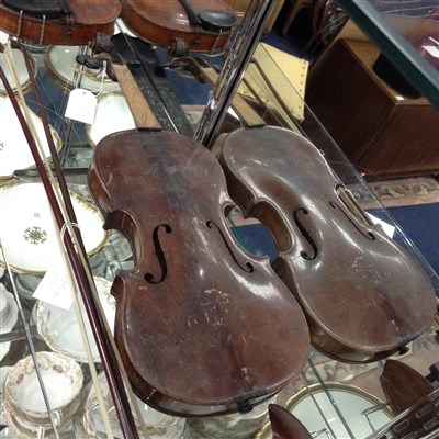 Lot 143 - THREE VINTAGE VIOLINS AND TWO BOWS
