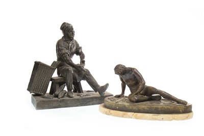 Lot 1695 - A BRONZED SPELTER SCULPTURE OF THE DYING GAUL ALONG WITH A SPELTER COBBLER