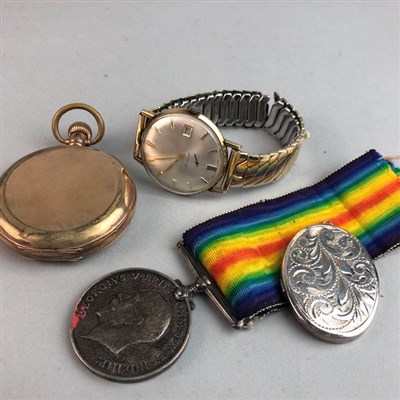 Lot 41 - A GOLD WRIST WATCH, PLATED POCKET WATCH, SILVER LOCKET AND A WAR MEDAL