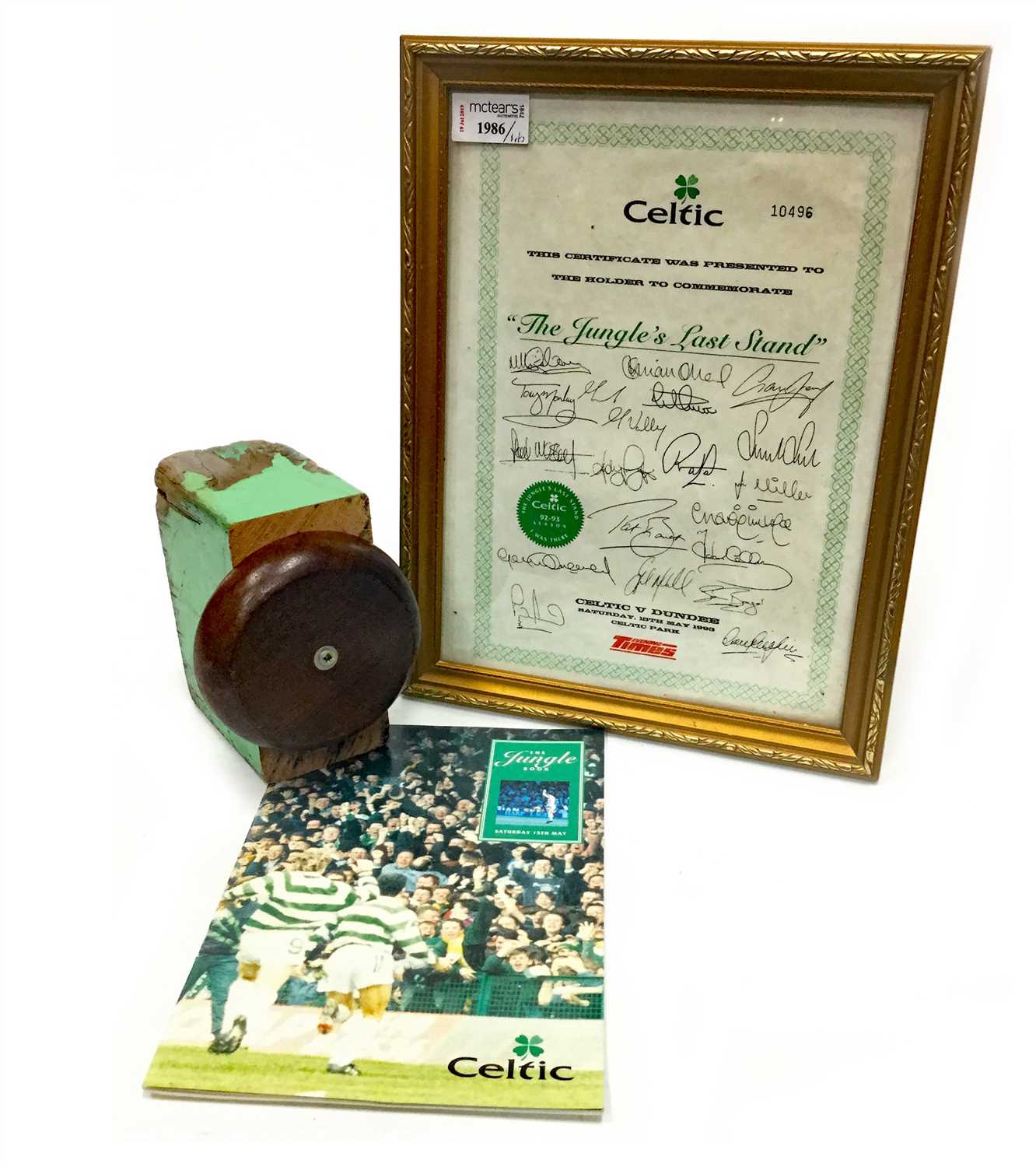 Lot 1986 - CELTIC F.C. INTEREST - A PIECE OF 'THE JUNGLE'S LAST STAND' AND OTHER RELATED OBJECTS