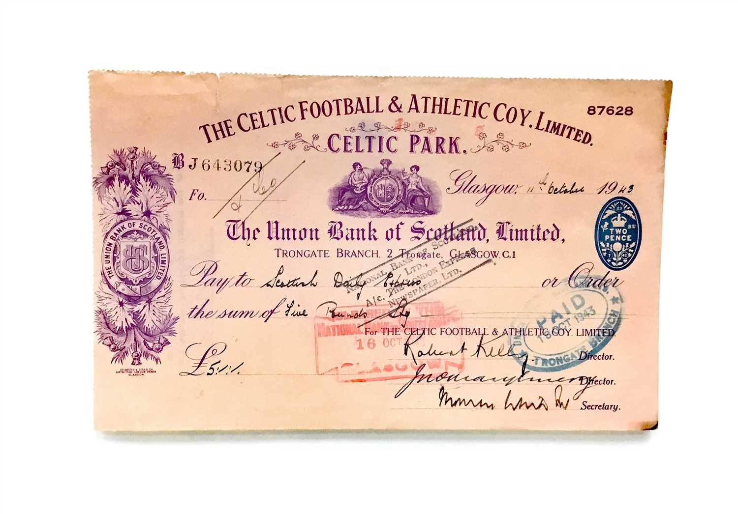 Lot 1990 - A CELTIC FOOTBALL & ATHLETIC COY. LIMITED CHEQUE