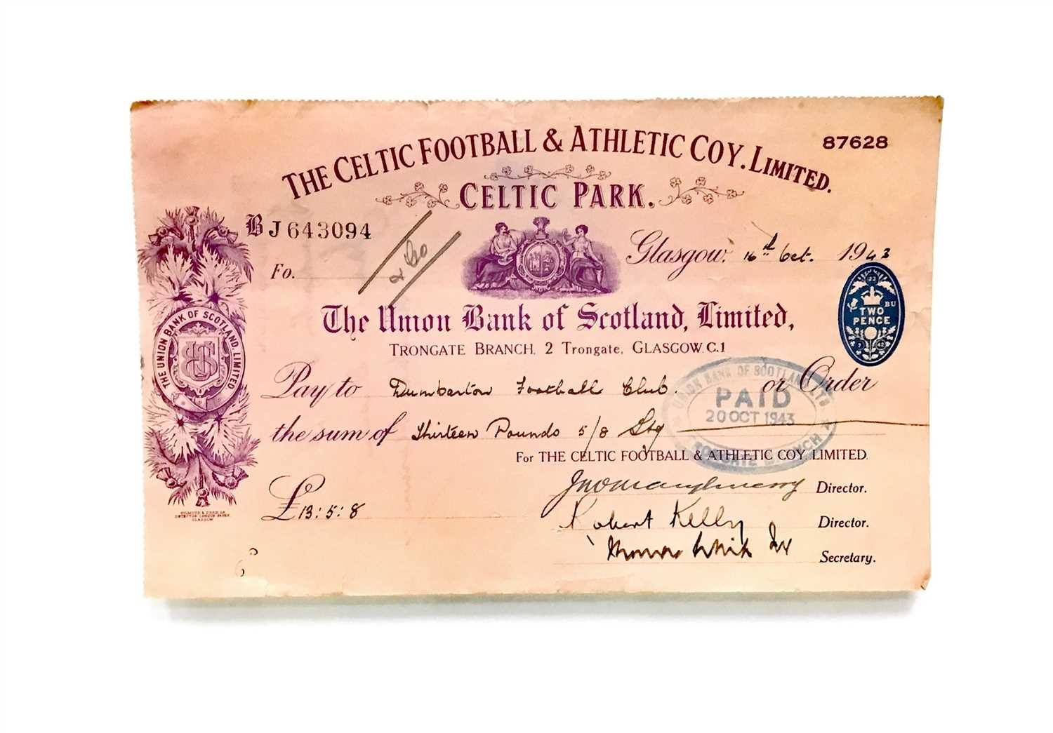 Lot 52 - A LOT OF FOUR CELTIC FOOTBALL & ATHLETIC COY. LIMITED CHEQUES