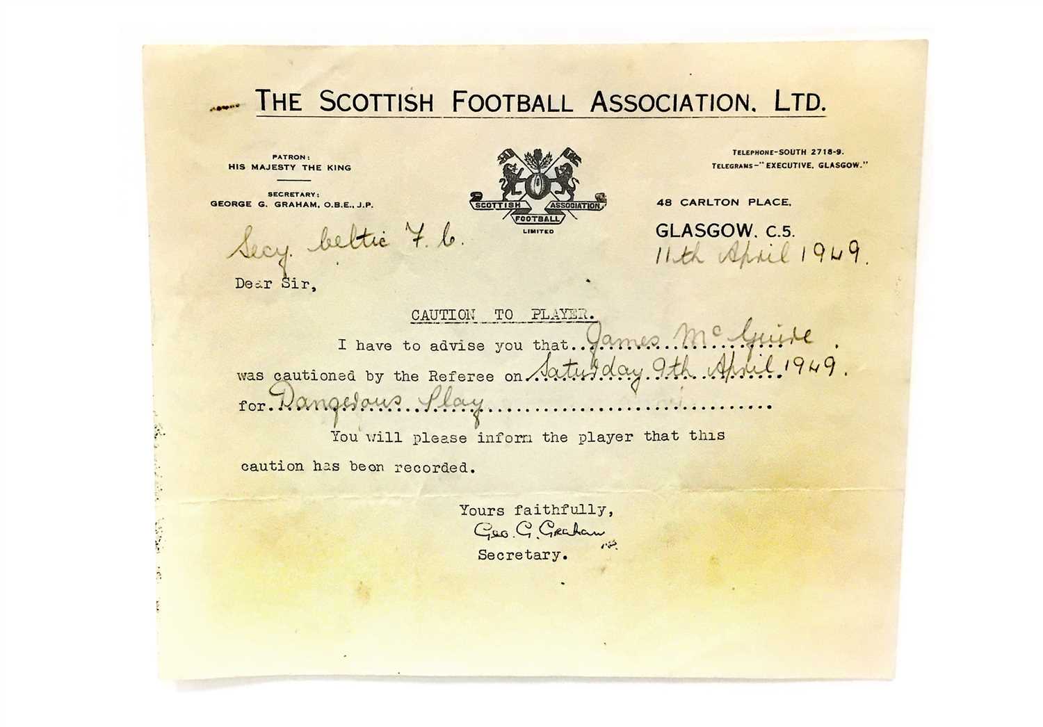 Lot 50 - A LOT OF THREE SCOTTISH FOOTBALL ASSOCIATION LTD. CAUTIONS ISSUED TO JAMES MCQUIRE