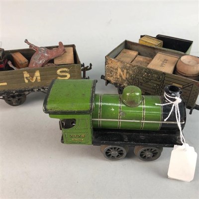 Lot 47 - A TIN PLATE TRAIN ENGINE, CARD TRAY AND CRYSTAL BOX