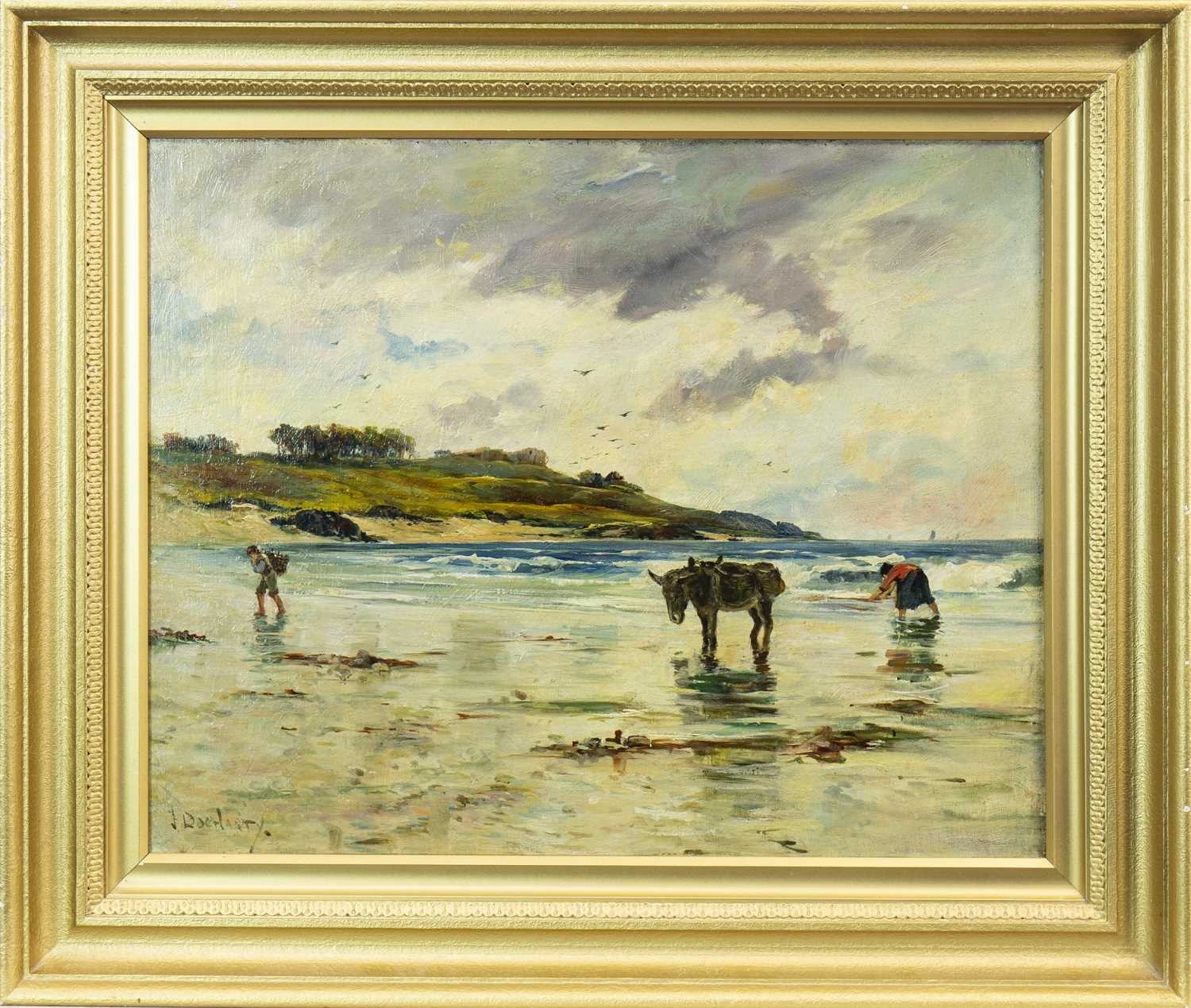 Lot 430 - BEACH SCENE WITH FIGURES AND A DONKEY, AN OIL BY JAMES DOCHARTY
