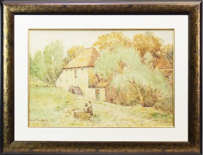 Lot 425 - FIGURES BEFORE A WATER MILL, A WATERCOLOUR BY COLIN JOHN MACKINTOSH