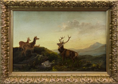 Lot 437 - A STAG AND HINDS ON A RIDGE, AN OIL BY ROBERT CLEMINSON