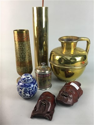 Lot 130 - A GROUP OF BRASSWARE, CERAMICS, FACE MASKS AND ASIAN ITEMS