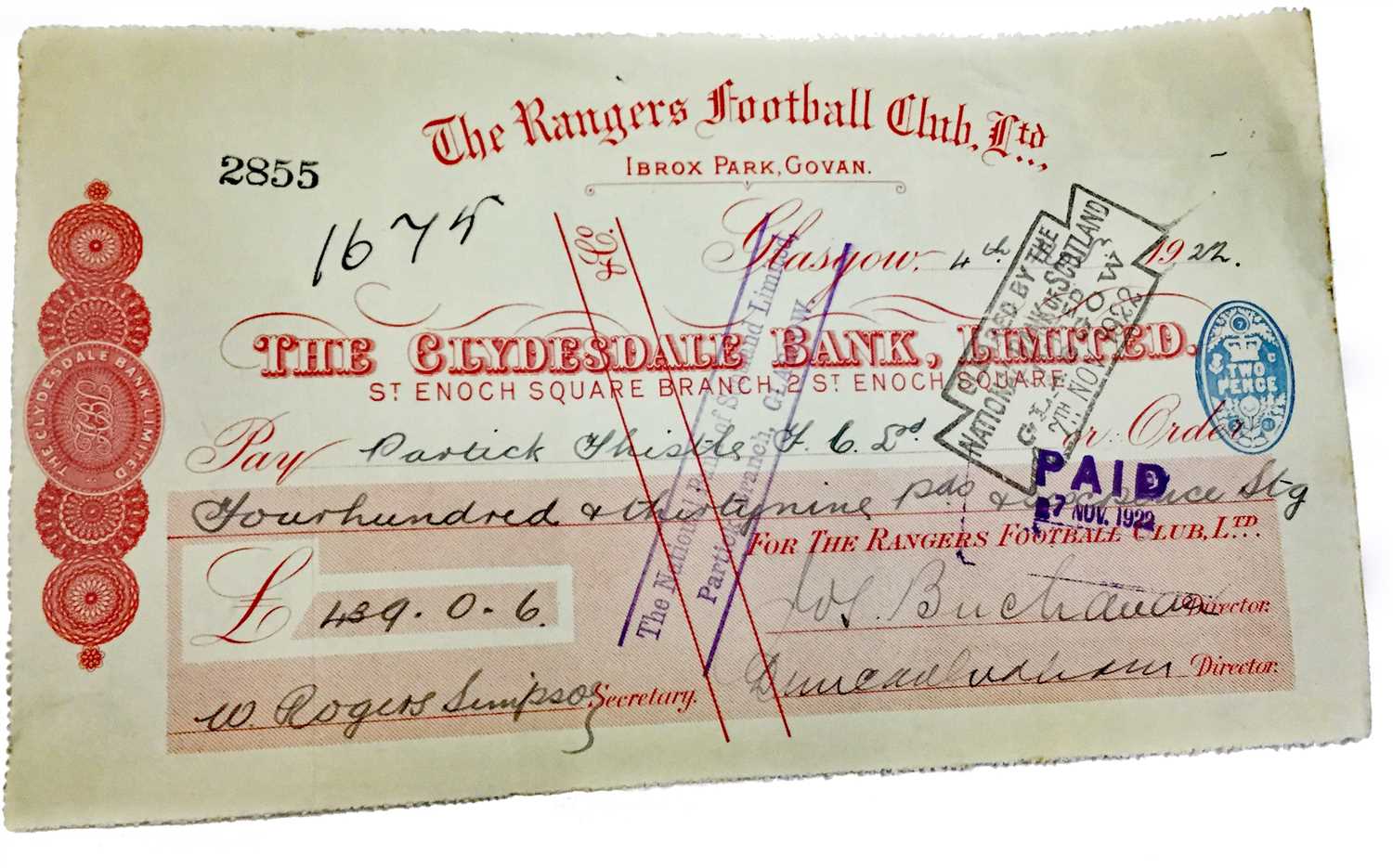 Lot 2032 - THE RANGERS FOOTBALL CLUB LTD CHEQUE MADE PAYABLE TO PARTICK THISTLE F.C.