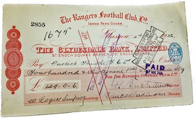 Lot 2032 - THE RANGERS FOOTBALL CLUB LTD CHEQUE MADE PAYABLE TO PARTICK THISTLE F.C.