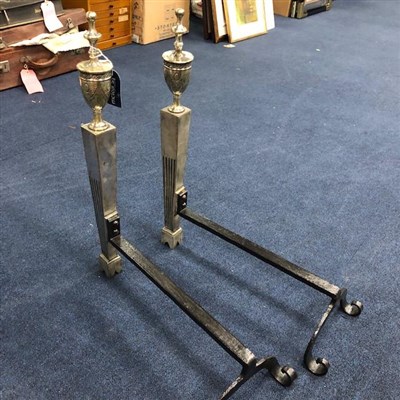 Lot 101 - A PAIR OF PLATED FIRE ANDIRONS, A FIRE POKER AND SHOVEL