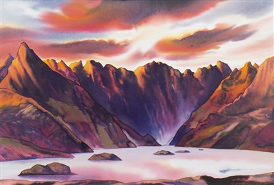 Lot 501 - THE BLACK CUILLIN, DAWN, A MIXED MEDIA BY PETER GOODFELLOW