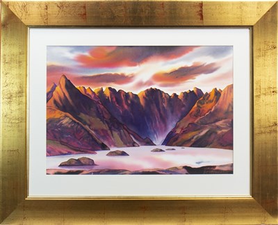 Lot 501 - THE BLACK CUILLIN, DAWN, A MIXED MEDIA BY PETER GOODFELLOW
