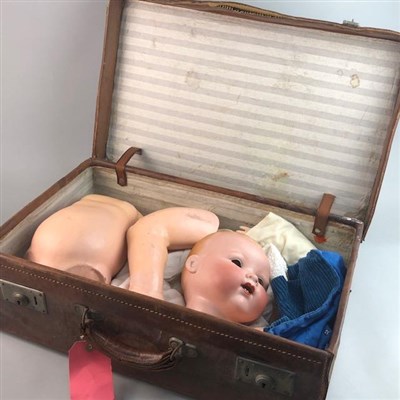 Lot 267 - TWO VINTAGE DOLLS, A VINTAGE BEAR AND TWO SUITCASES