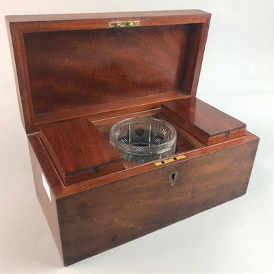 Lot 163 - A MAHOGANY CASED TEA CADDY AND A TWO BOTTLE TANTALUS