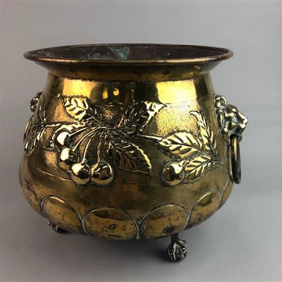 Lot 291 - A BRASS TWO HANDLED POT AND A WOODEN JEWELLERY BOX