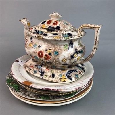 Lot 100 - A VICTORIAN TEA POT ON STAND AND VARIOUS CERAMIC PLATES