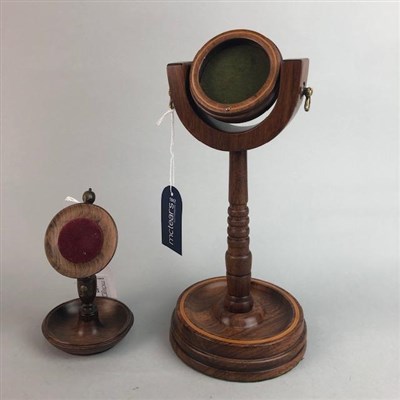 Lot 187 - TWO TURNED WOODEN WATCH STANDS AND A STAFFORDSHIRE WATCH STAND