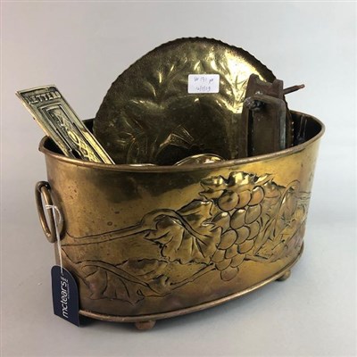 Lot 191 - AN EMBOSSED BRASS OVAL PLANTER AND A COLLECTION OF BRASSWARE