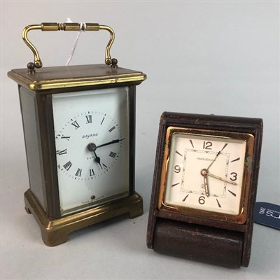 Lot 193 - A JAEGER LECOULTRE TRAVELLING TIMEPIECE AND A SMALL CARRIAGE CLOCK